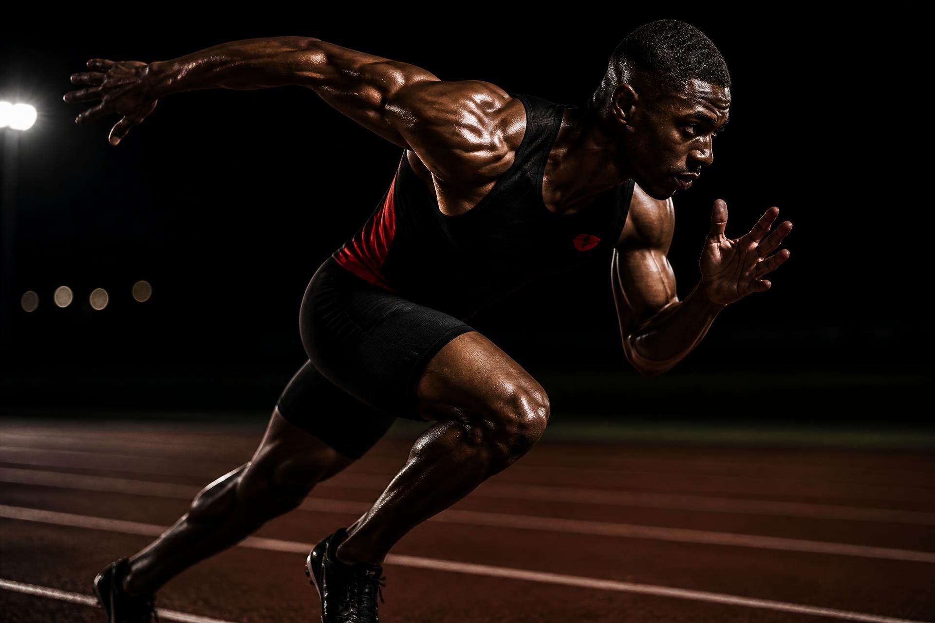 Athlete sprinting on a track at night